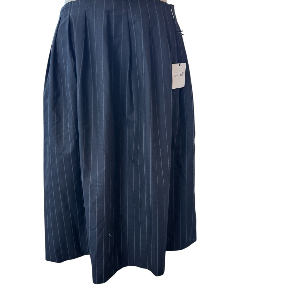 Kate Hill Navy Blue Pinstripe Pleated Midi Skirt NWT 2 Cotton Business Casual